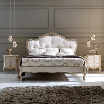 Ornate Carved Italian Rococo Button Upholstered Bed