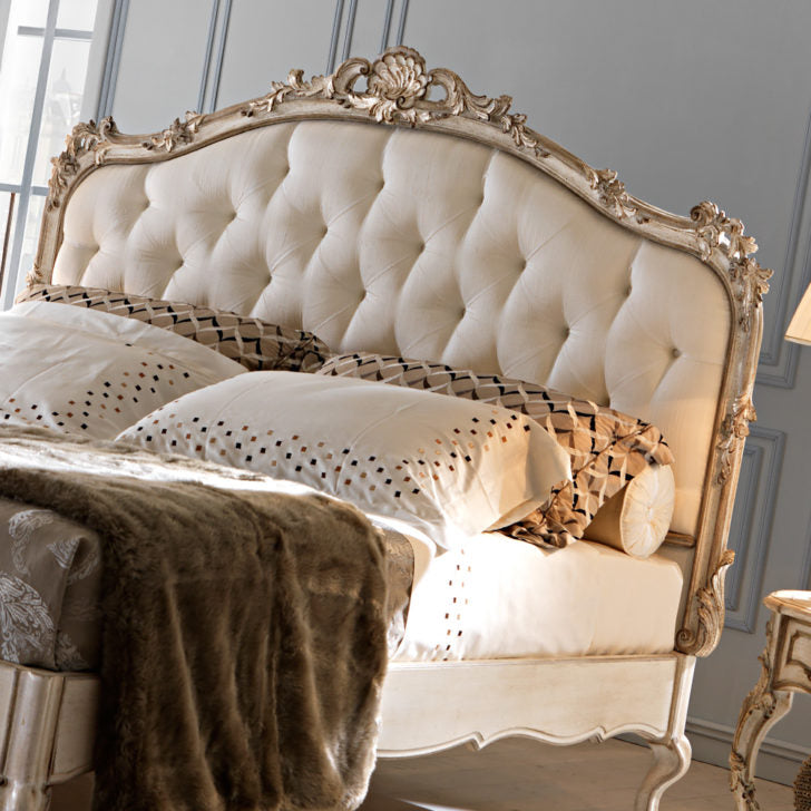 Ornate Italian Rococo Reproduction Button Upholstered Bed