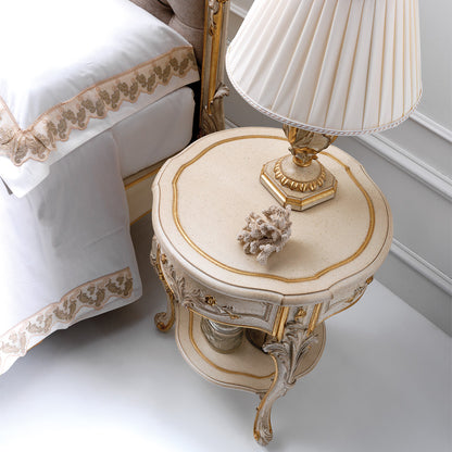 Ornate Ivory and Gold Italian Small Round Bedside Table