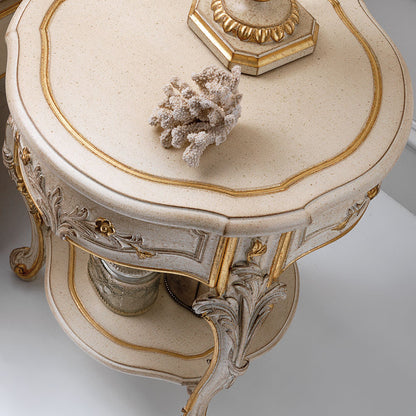 Ornate Ivory and Gold Italian Small Round Bedside Table