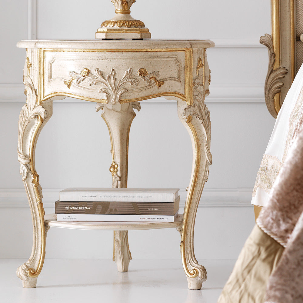 Ornate Ivory and Gold Italian Small Round Bedside Table