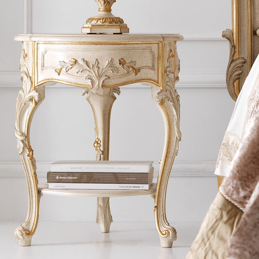 Ornate Ivory and Gold Italian Small Round Bedside Table