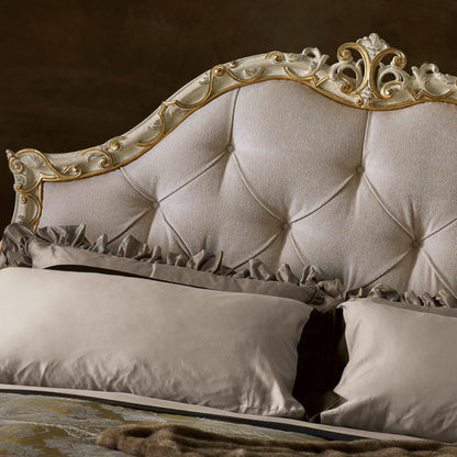 Ornate Ivory and Gold Italian Button Upholstered Bed