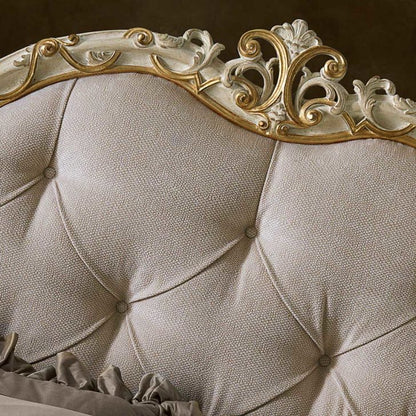 Ornate Ivory and Gold Italian Button Upholstered Bed