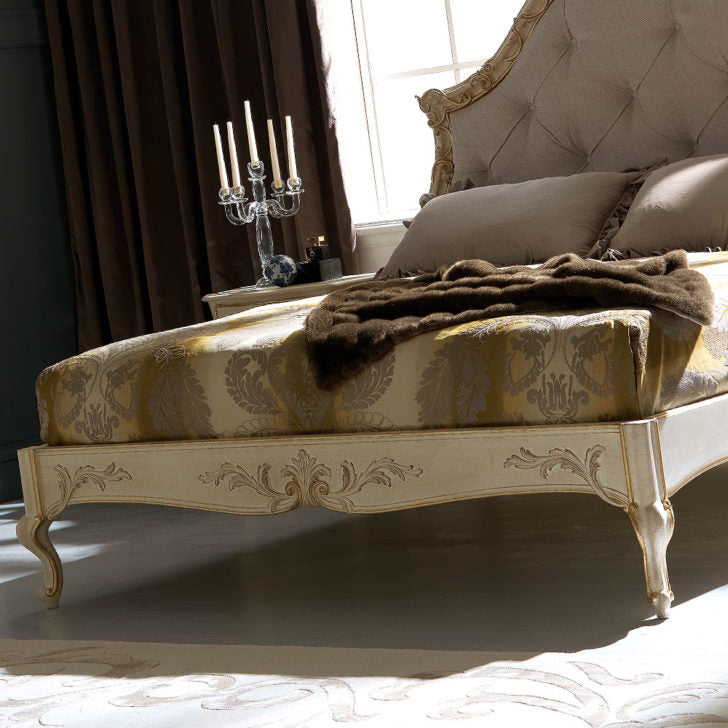 Ornate Ivory and Gold Italian Button Upholstered Bed