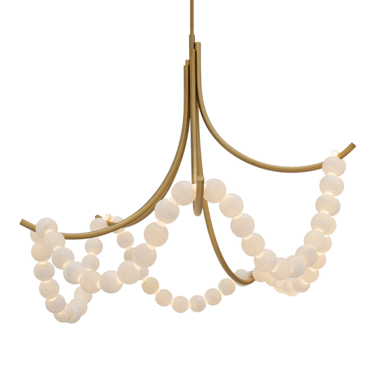Parel  Spanish Alabaster beads are strung on an LED loop and draped over gleaming arms.