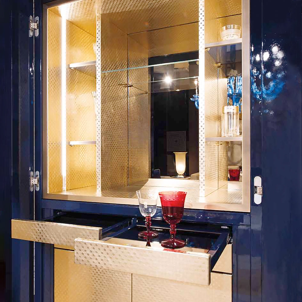 High End Gold Leaf Blue Lacquered Italian Cocktail Cabinet