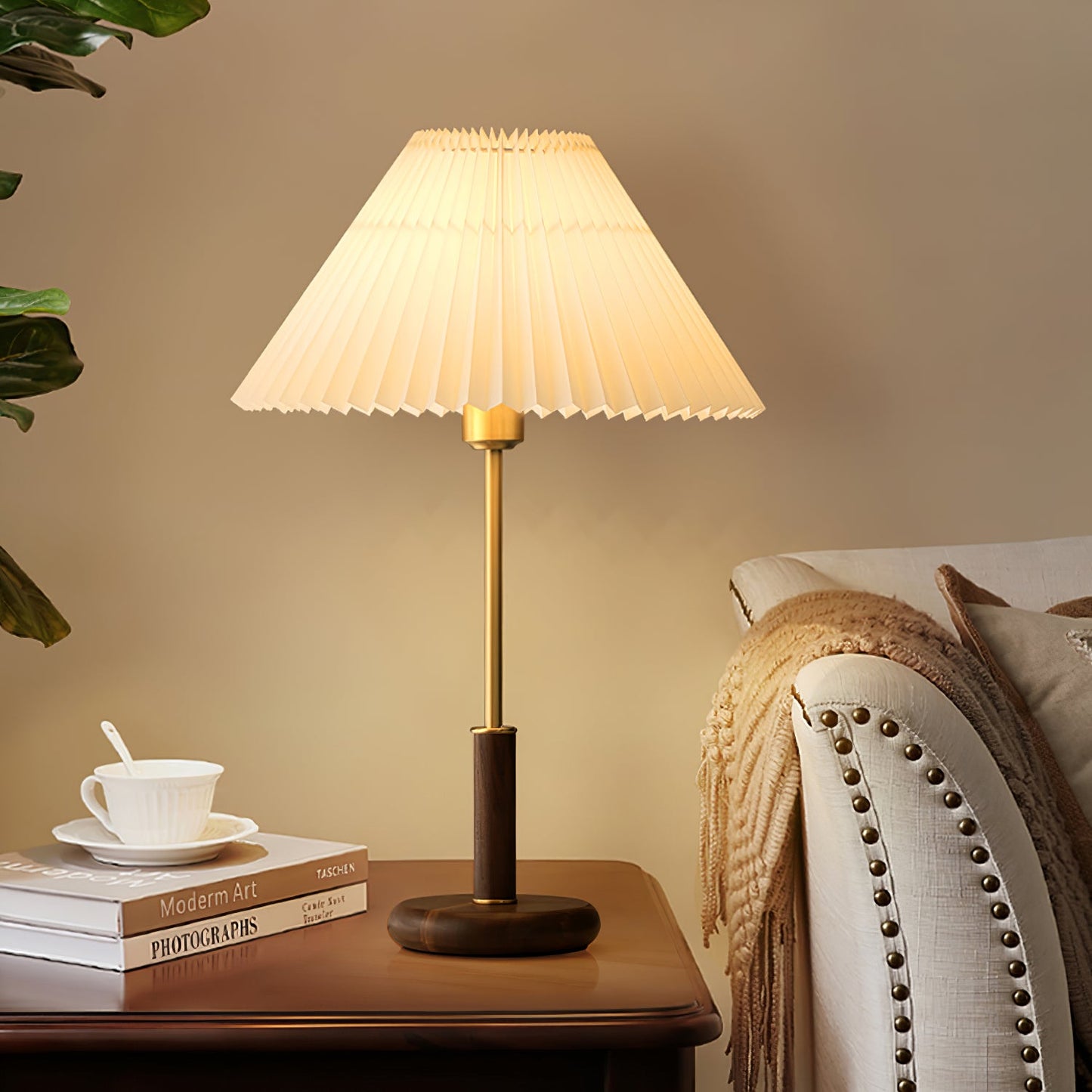 Pleated Walnut Side table lamp Table Lamp