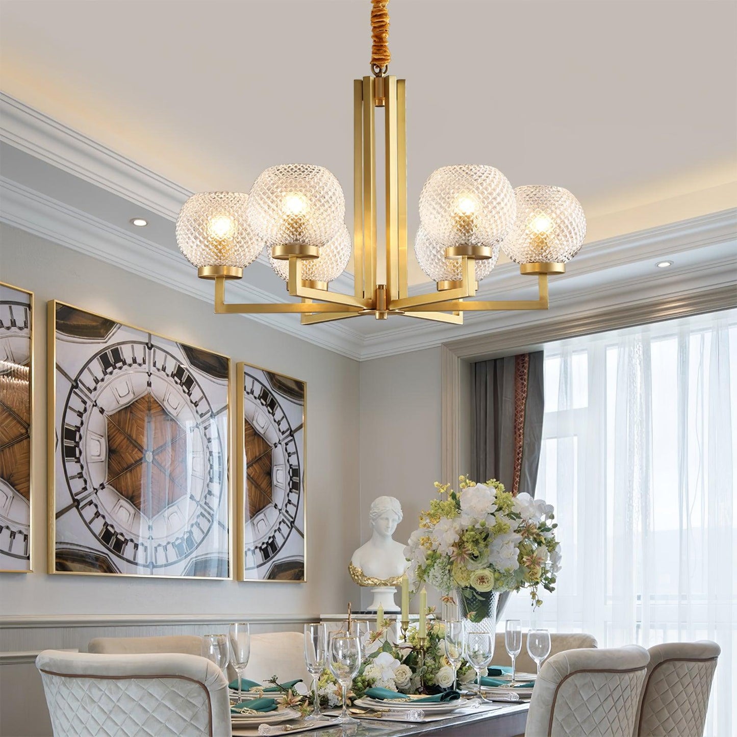 Ribbed Glass Brass Ceiling fixture Chandelier