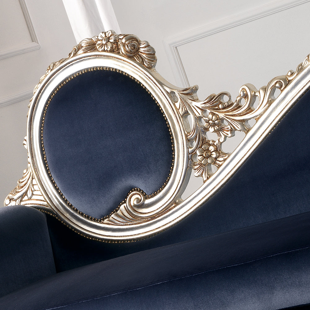 Navy Blue Velvet Champagne Leaf Baroque Sofa