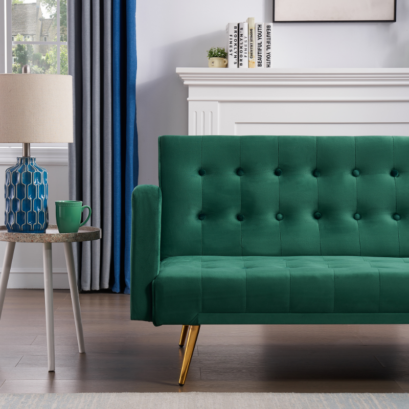 Green Adjustable Velvet Sofa with Gold Legs