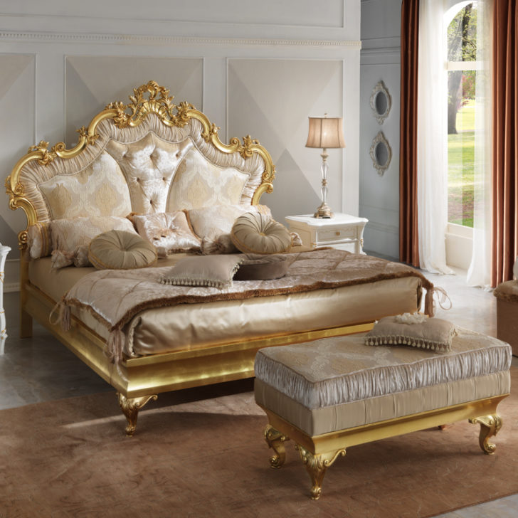 Rococo Gold Leaf Button Upholstered Bed