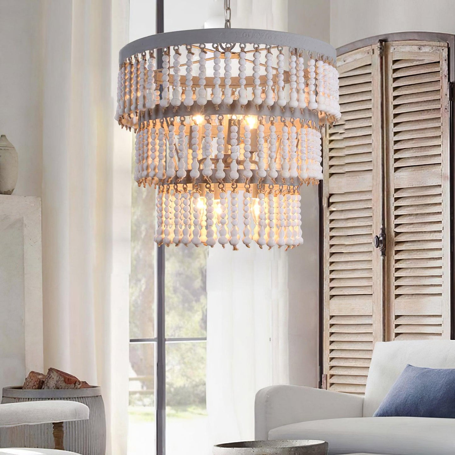 Three Tiered Wood Beaded Pendant light Chandelier