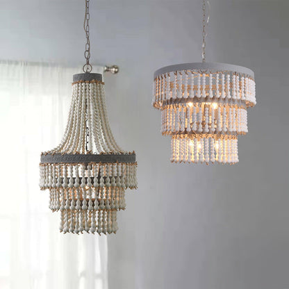 Three Tiered Wood Beaded Pendant light Chandelier