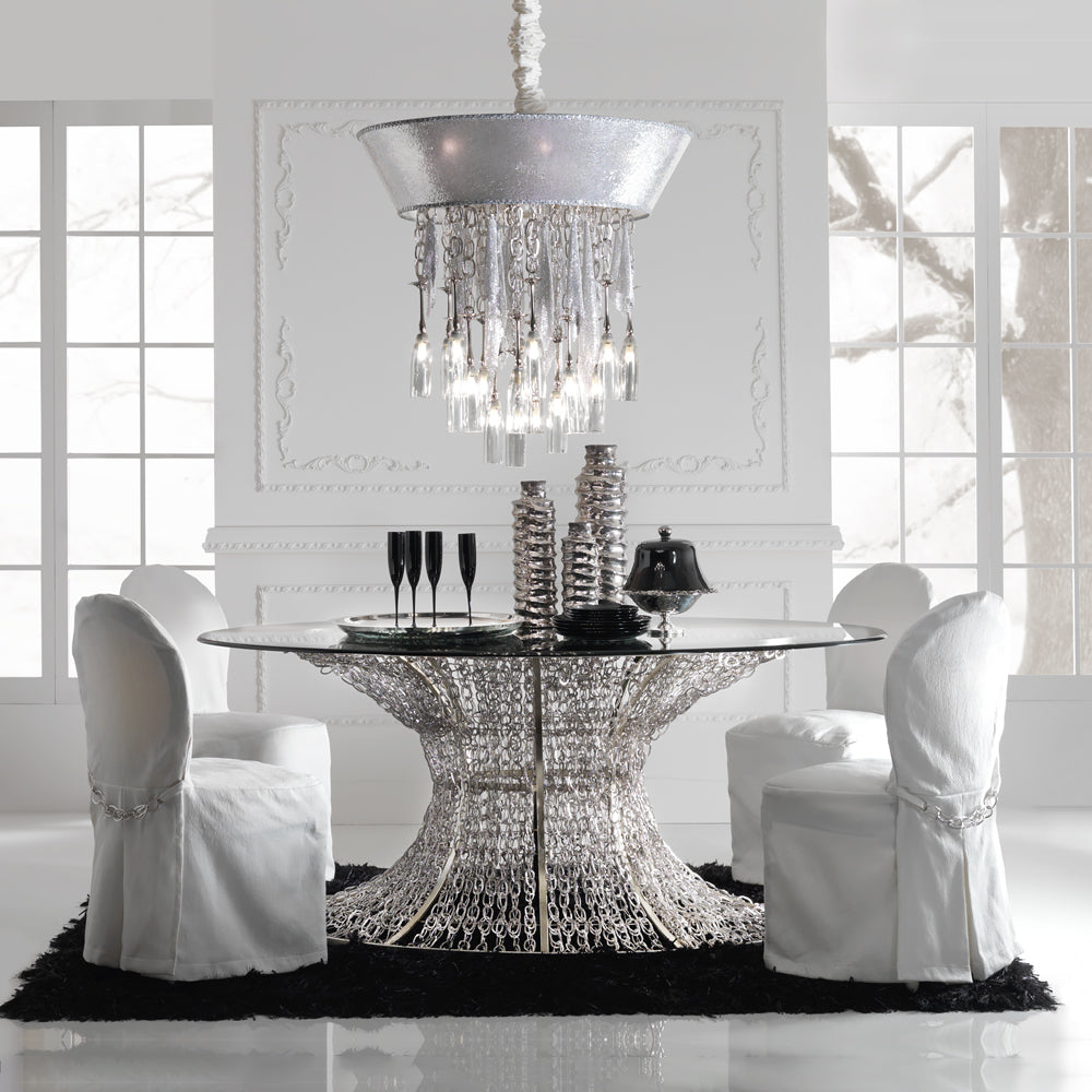 Oval Silver Leaf Smoked Glass Dining Table