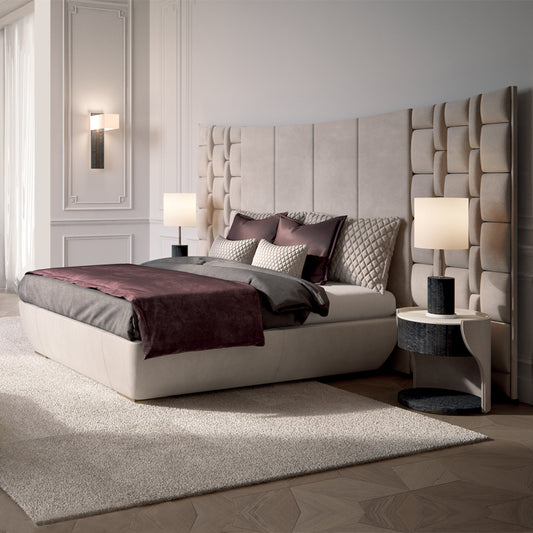 Contemporary Italian Bed With Large Luxury Leather Headboard