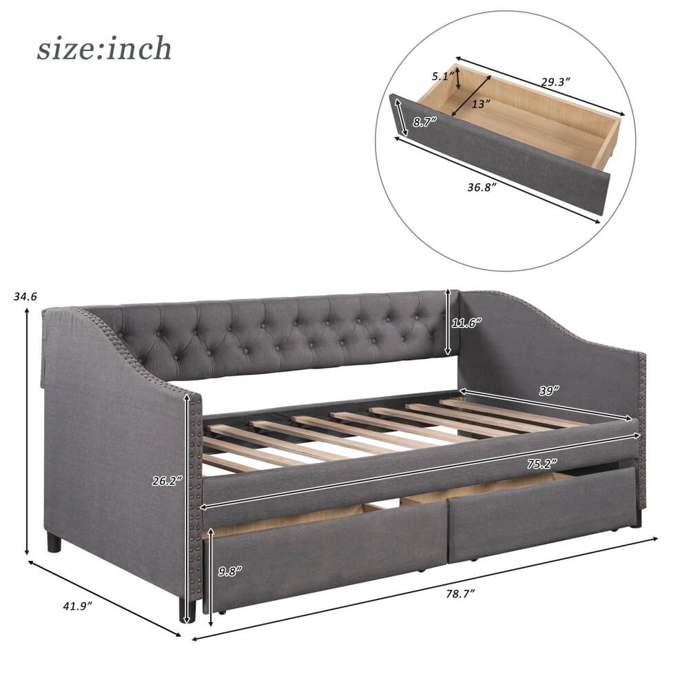 Upholstered Twin Size Daybed with Two Drawers