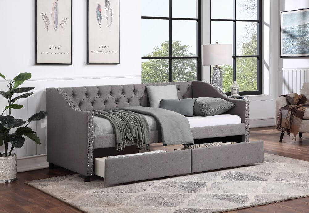 Upholstered Twin Size Daybed with Two Drawers