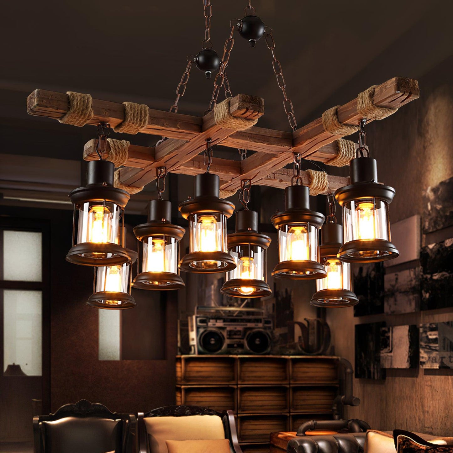 Vintage Wood Glass Ceiling fixture Chandeliers