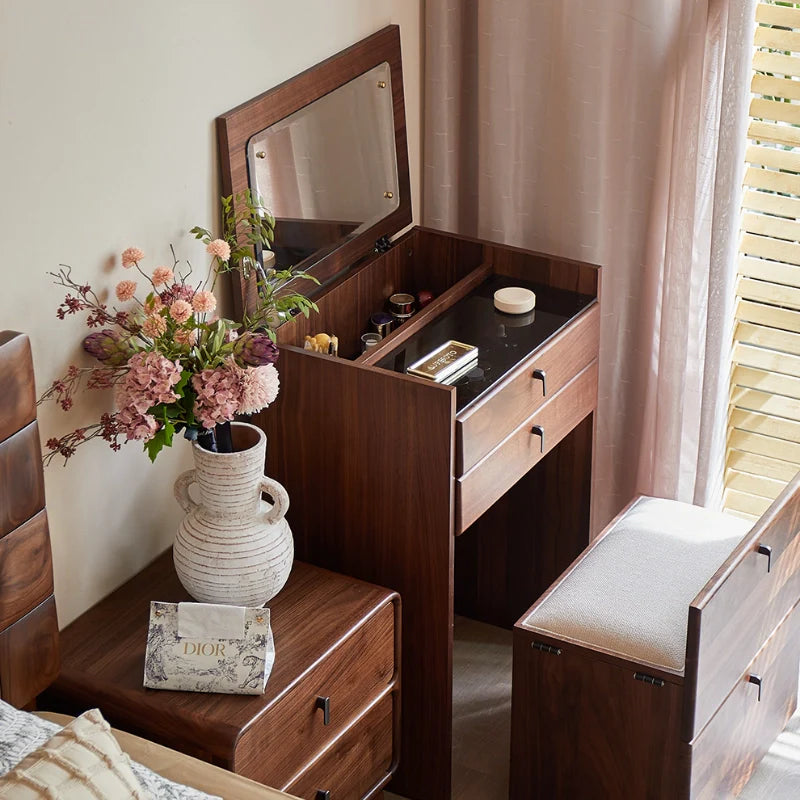 23 Inch Walnut Wood Makeup Vanity with Flip-Top Mirror, 3 Drawers, and Padded Stool