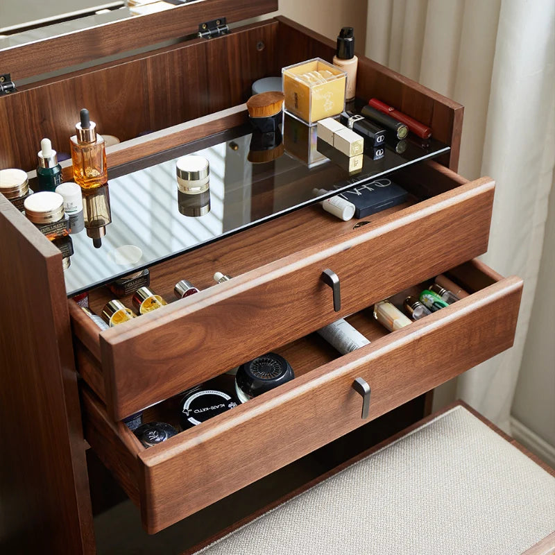 23 Inch Walnut Wood Makeup Vanity with Flip-Top Mirror, 3 Drawers, and Padded Stool