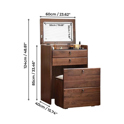 23 Inch Walnut Wood Makeup Vanity with Flip-Top Mirror, 3 Drawers, and Padded Stool