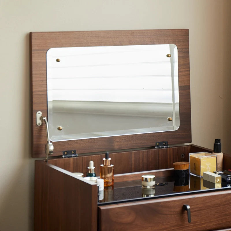 23 Inch Walnut Wood Makeup Vanity with Flip-Top Mirror, 3 Drawers, and Padded Stool