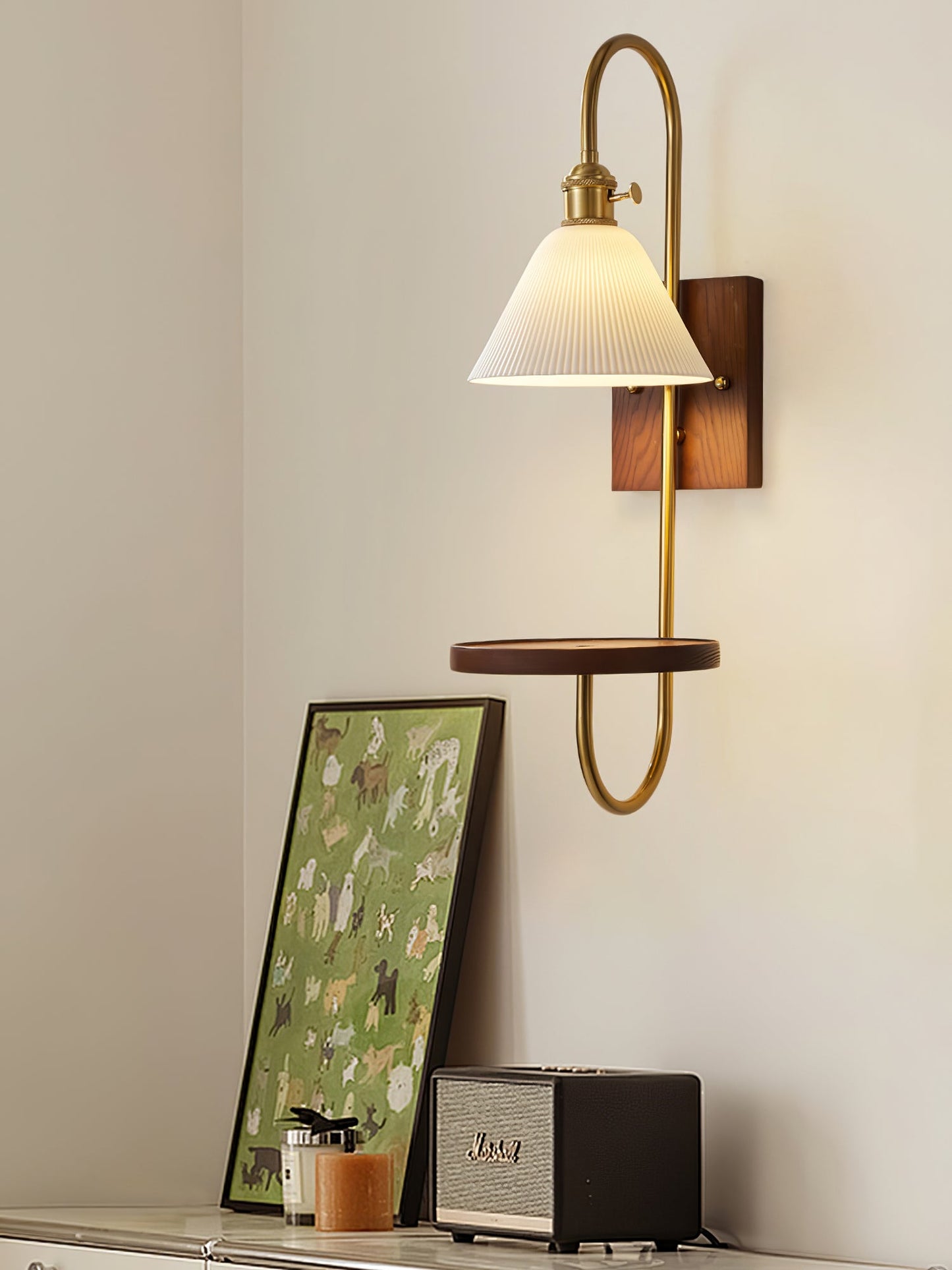Walnut Shelf Wall light fixture Sconce