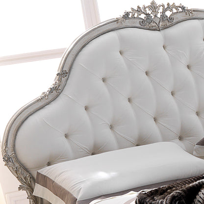 White Designer Ornate Italian Silk Button Upholstered Bed