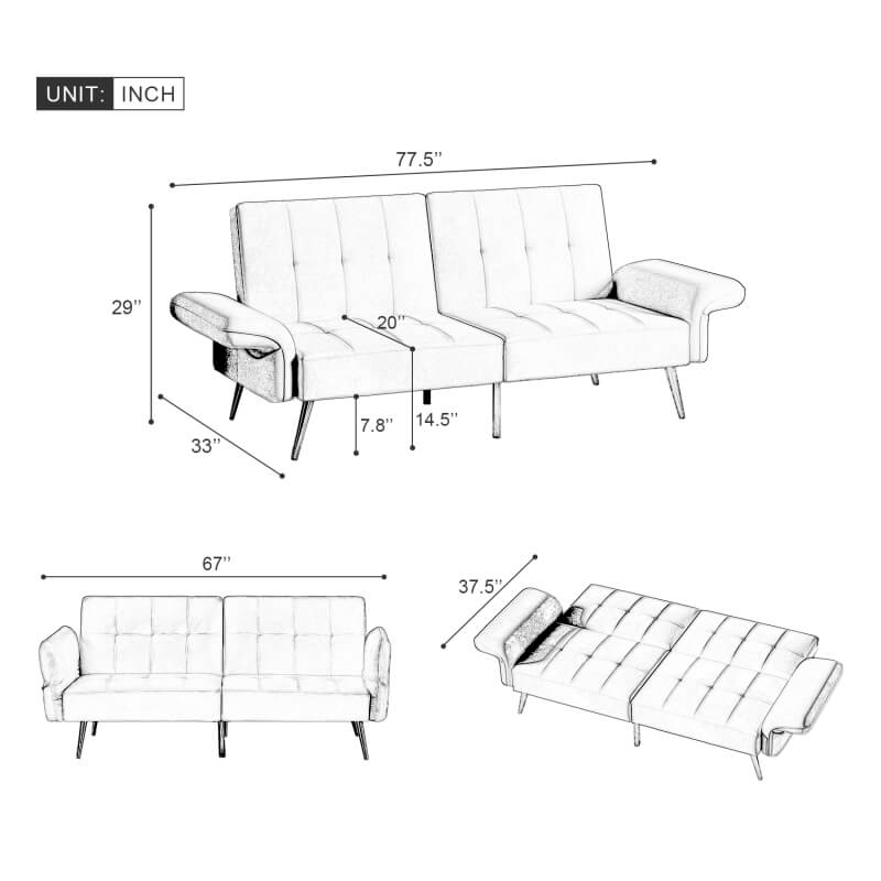 White Velvet Futon Loveseat Couch - 78" Convertible Sofa Bed