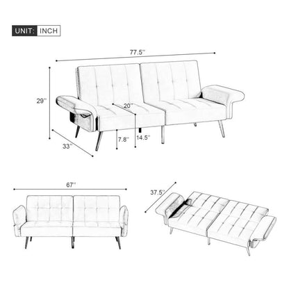 White Velvet Futon Loveseat Couch - 78" Convertible Sofa Bed