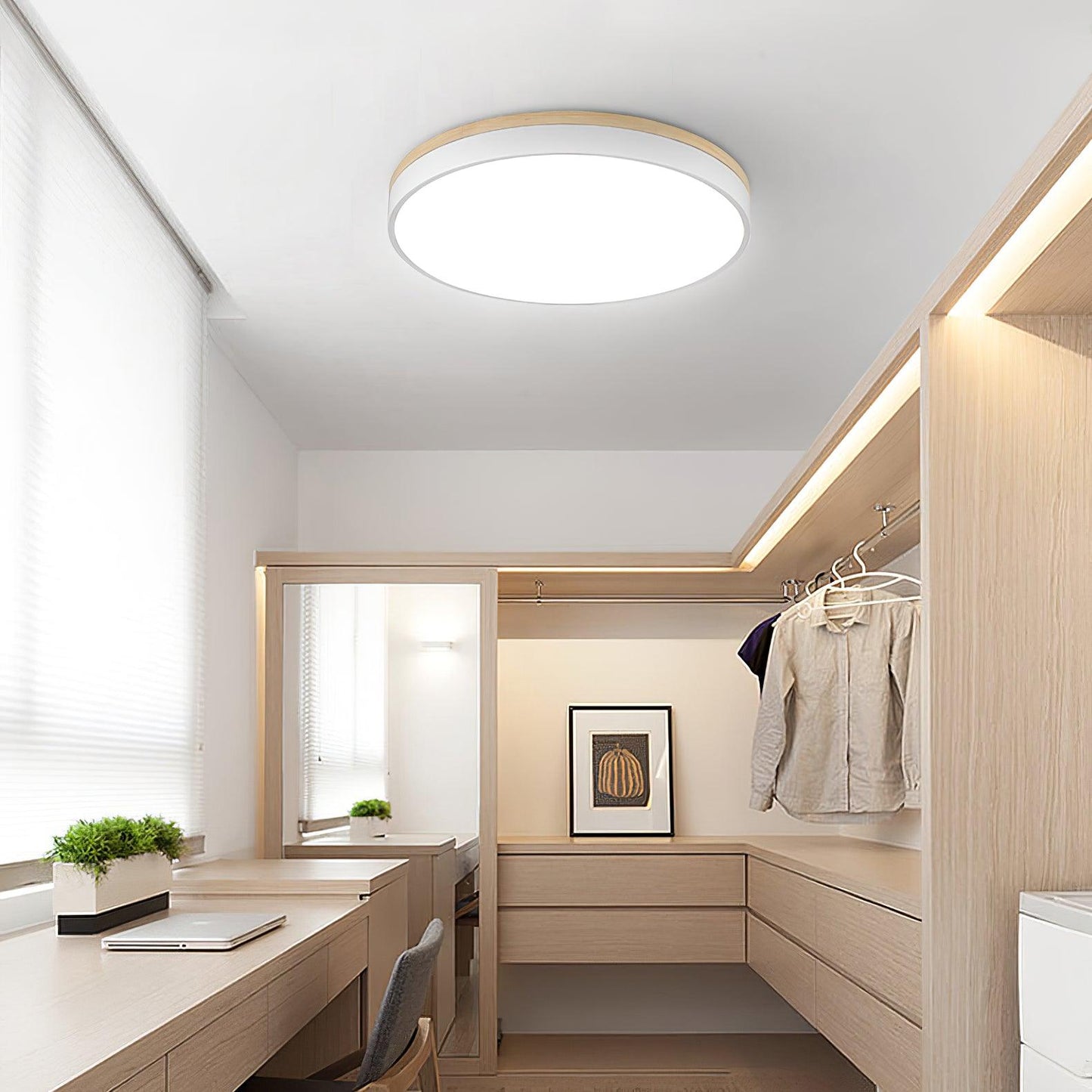 White Round Wooden Flush mount light Ceiling Lamp