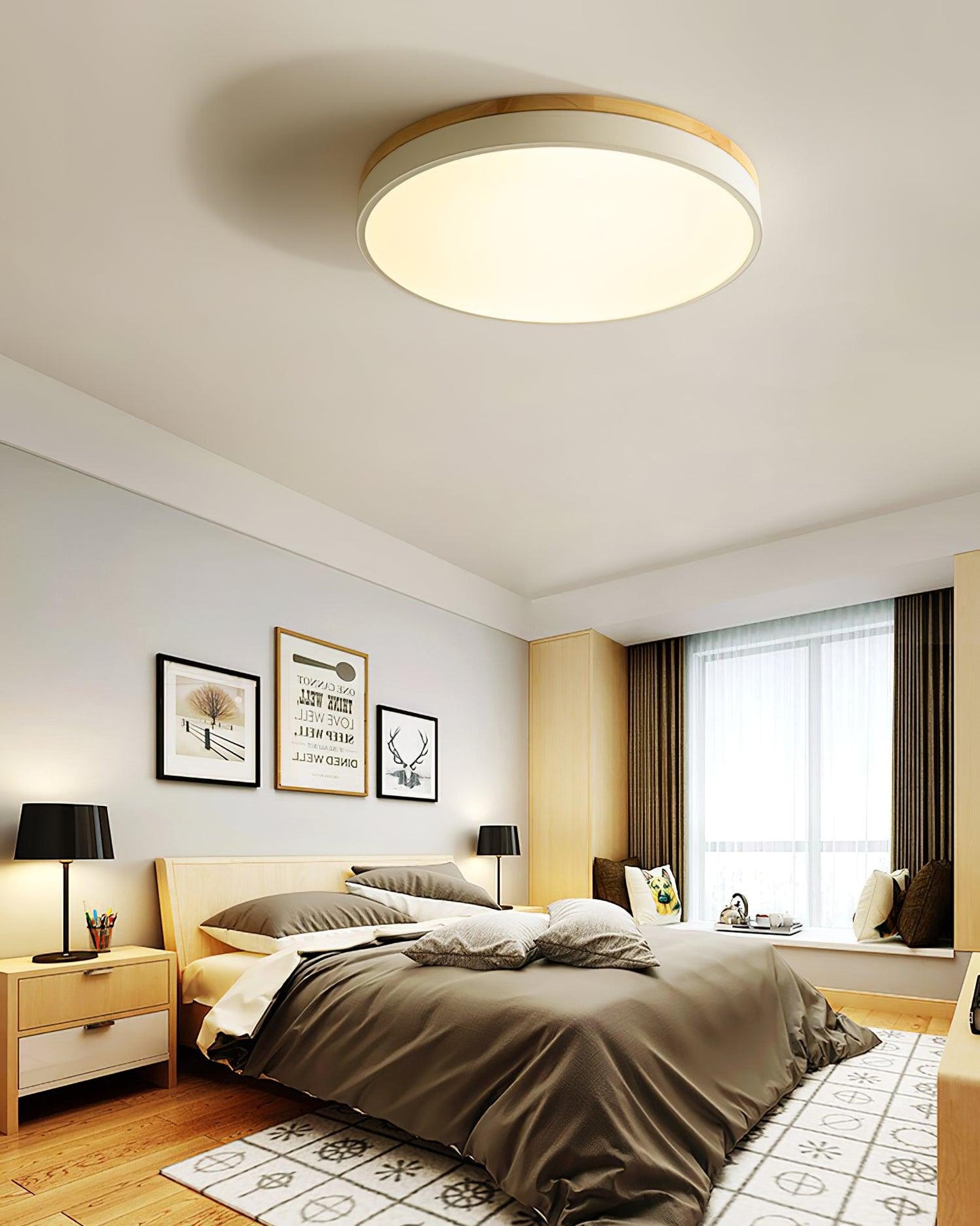 White Round Wooden Flush mount light Ceiling Lamp