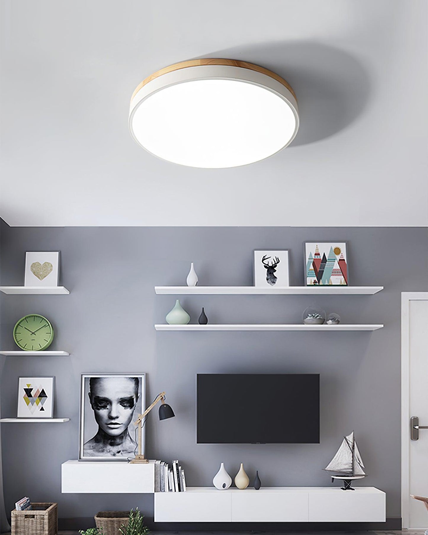 White Round Wooden Flush mount light Ceiling Lamp