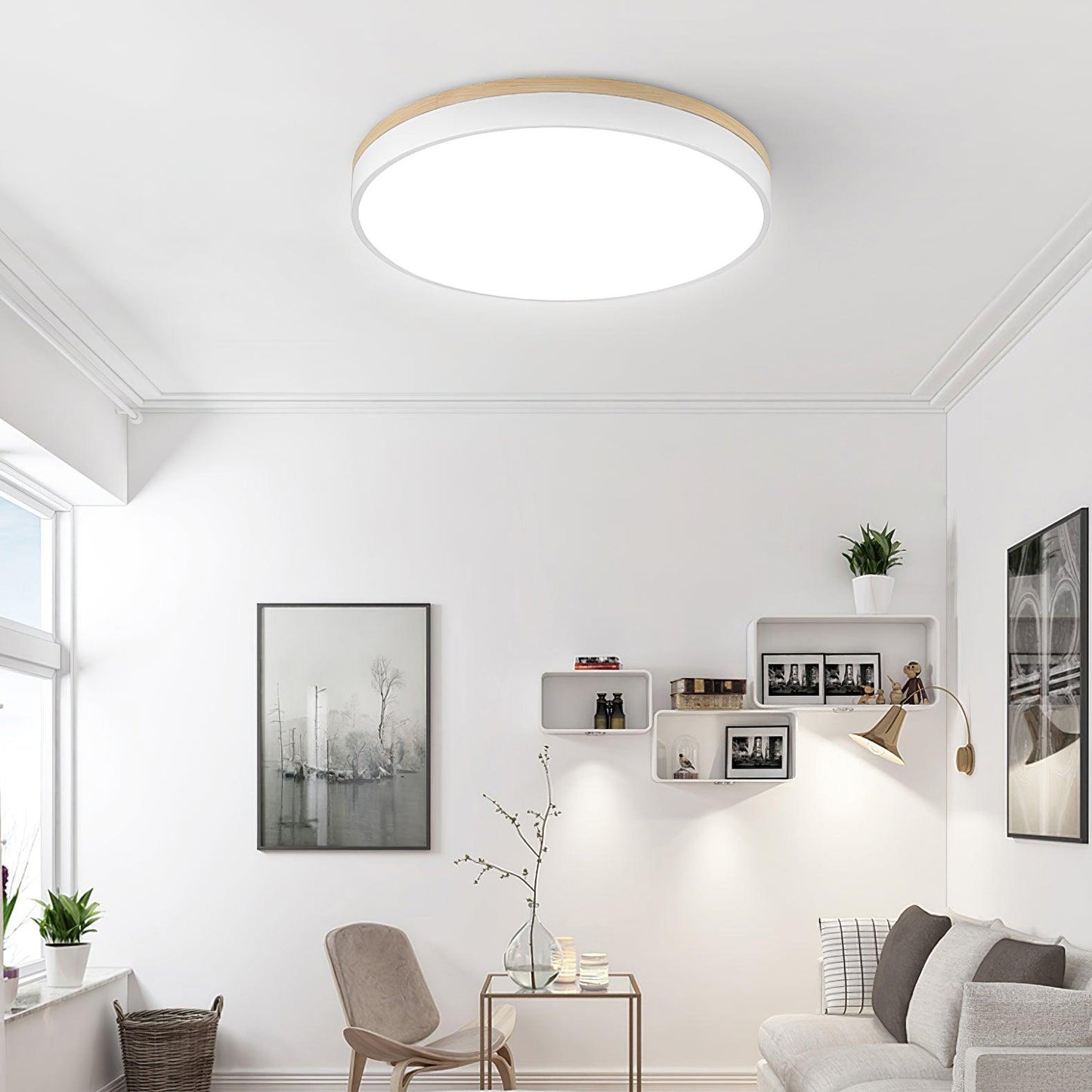 White Round Wooden Flush mount light Ceiling Lamp