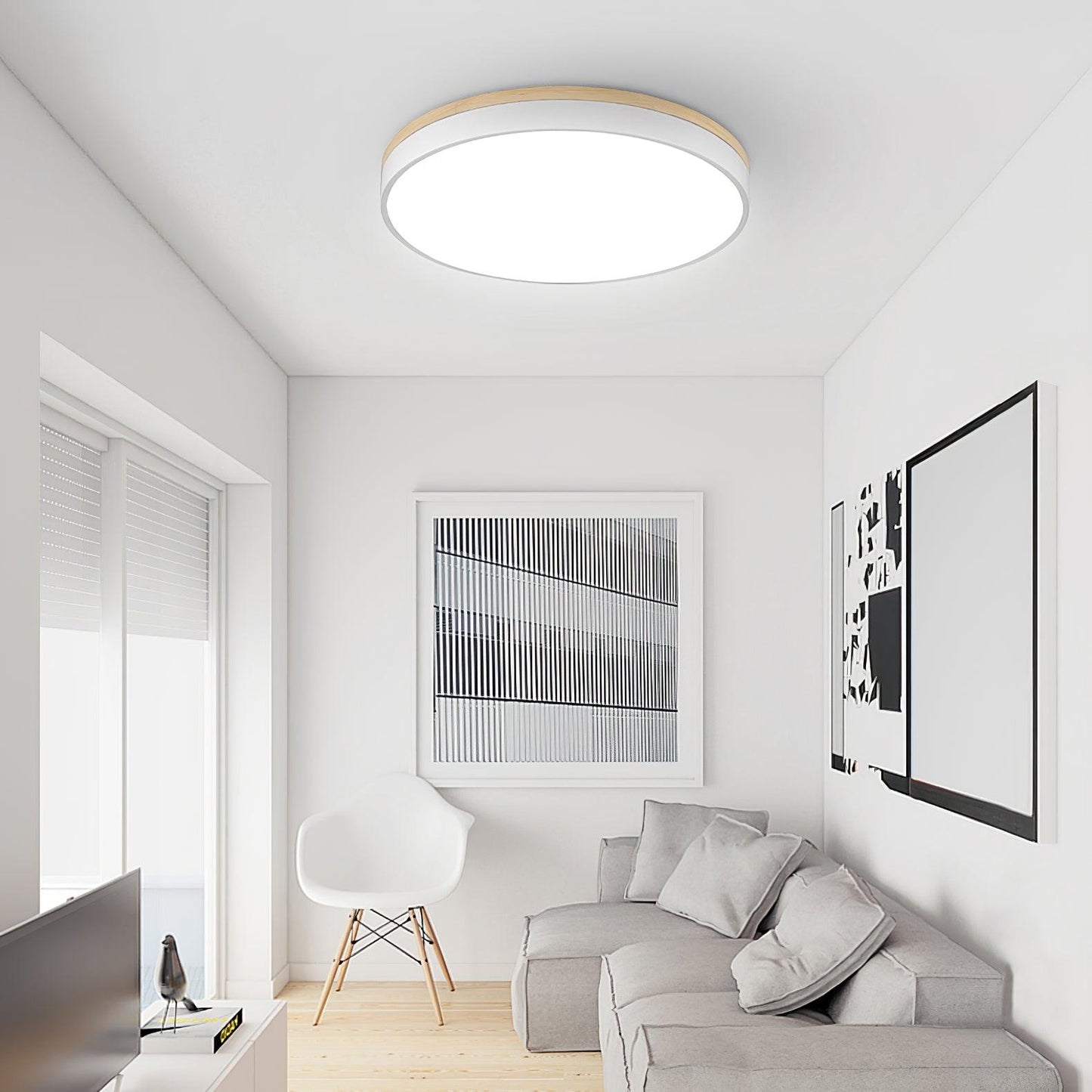 White Round Wooden Flush mount light Ceiling Lamp