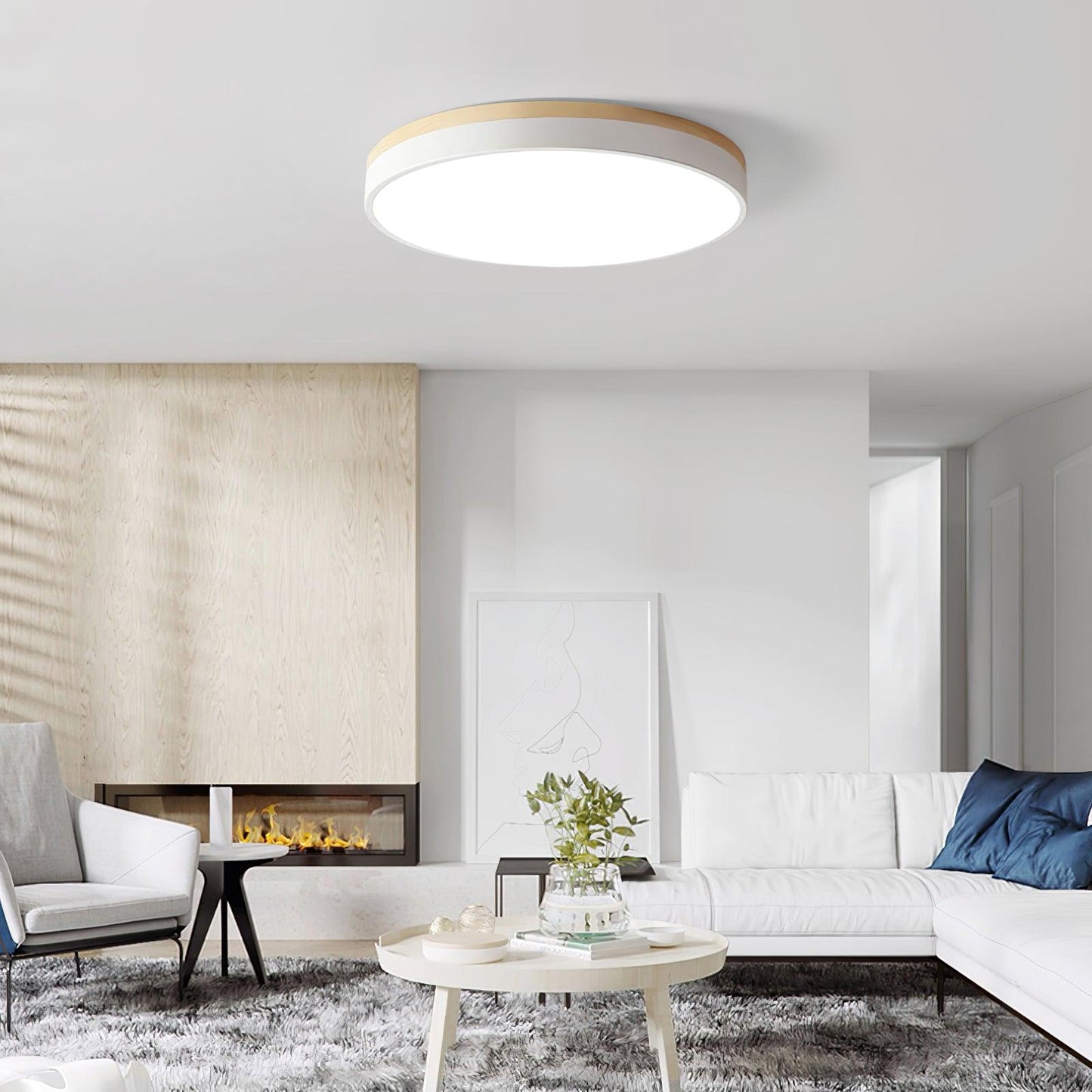 White Round Wooden Flush mount light Ceiling Lamp