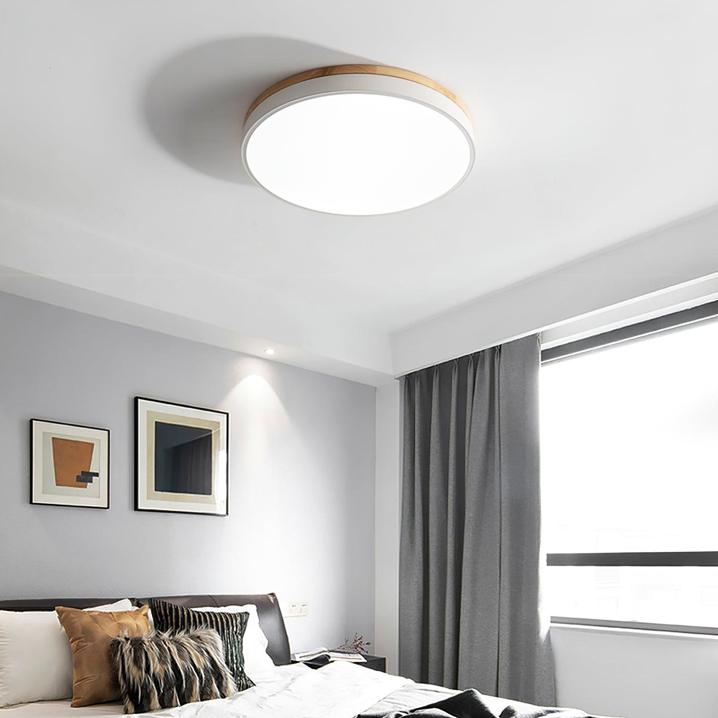 White Round Wooden Flush mount light Ceiling Lamp