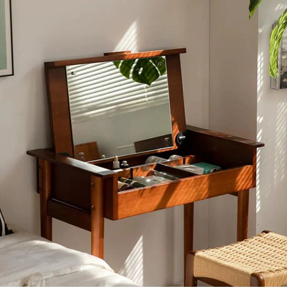 29 Inch Wood Flip Top Makeup Vanity Table with Mirror in Walnut Finish