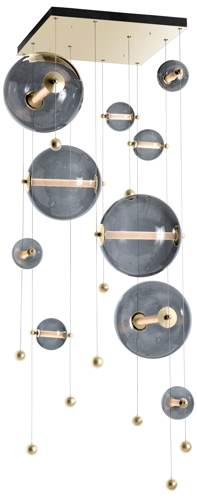 Abacus 10-Light Square LED Pendant - Brass - Grey Glass - Standard Height