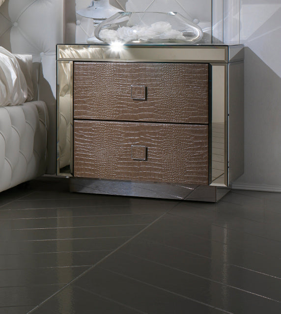 Embossed Pattern Leather and Mirrored Bedside Table