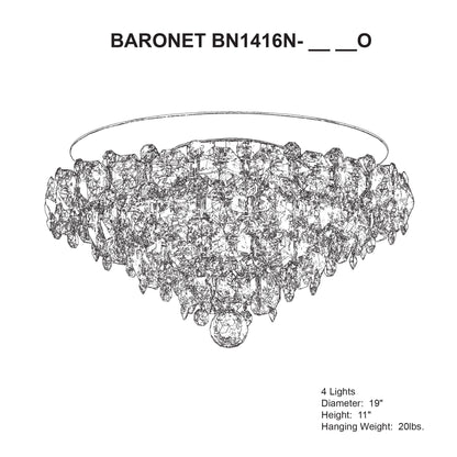 Baronet 11"H x 19"W 4-Light Crystal Flush Mount in Polished Stain