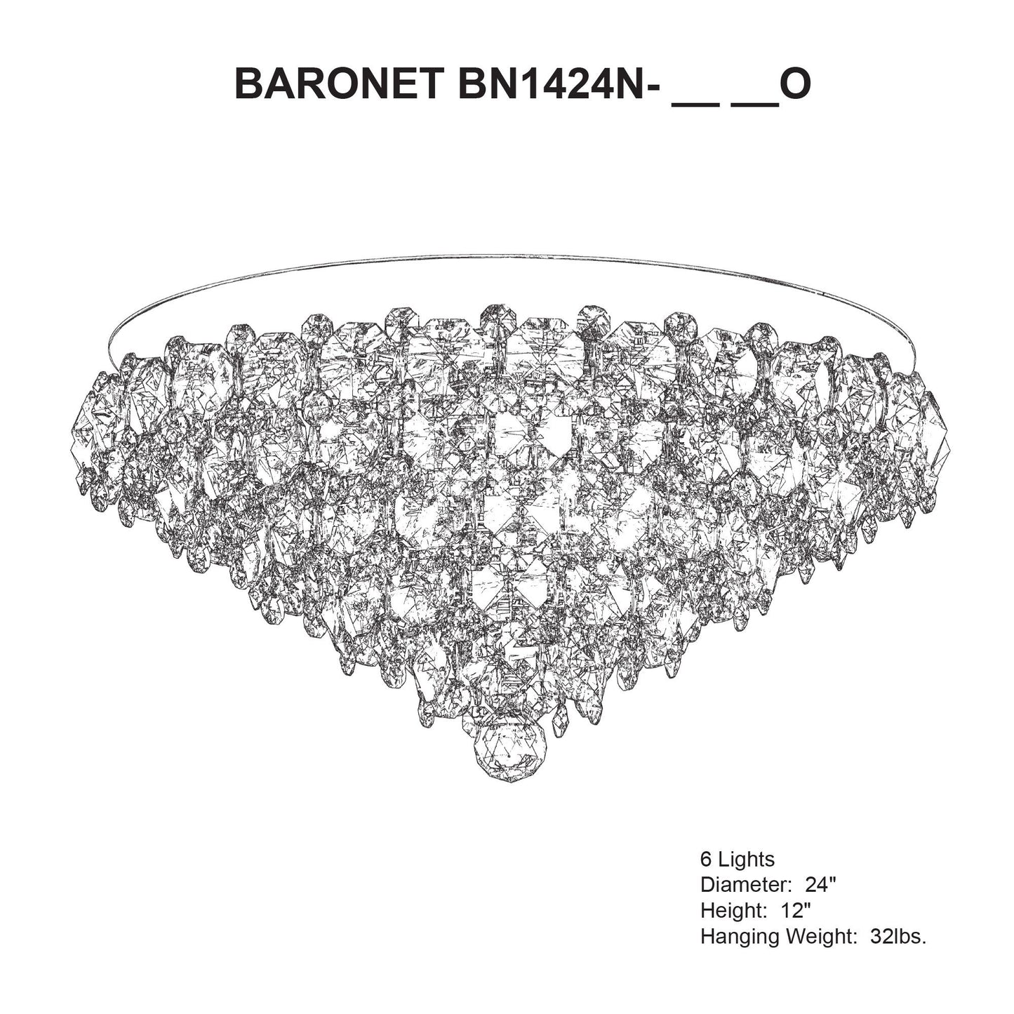 Baronet 12"H x 24"W 6-Light Crystal Flush Mount in Polished Stain