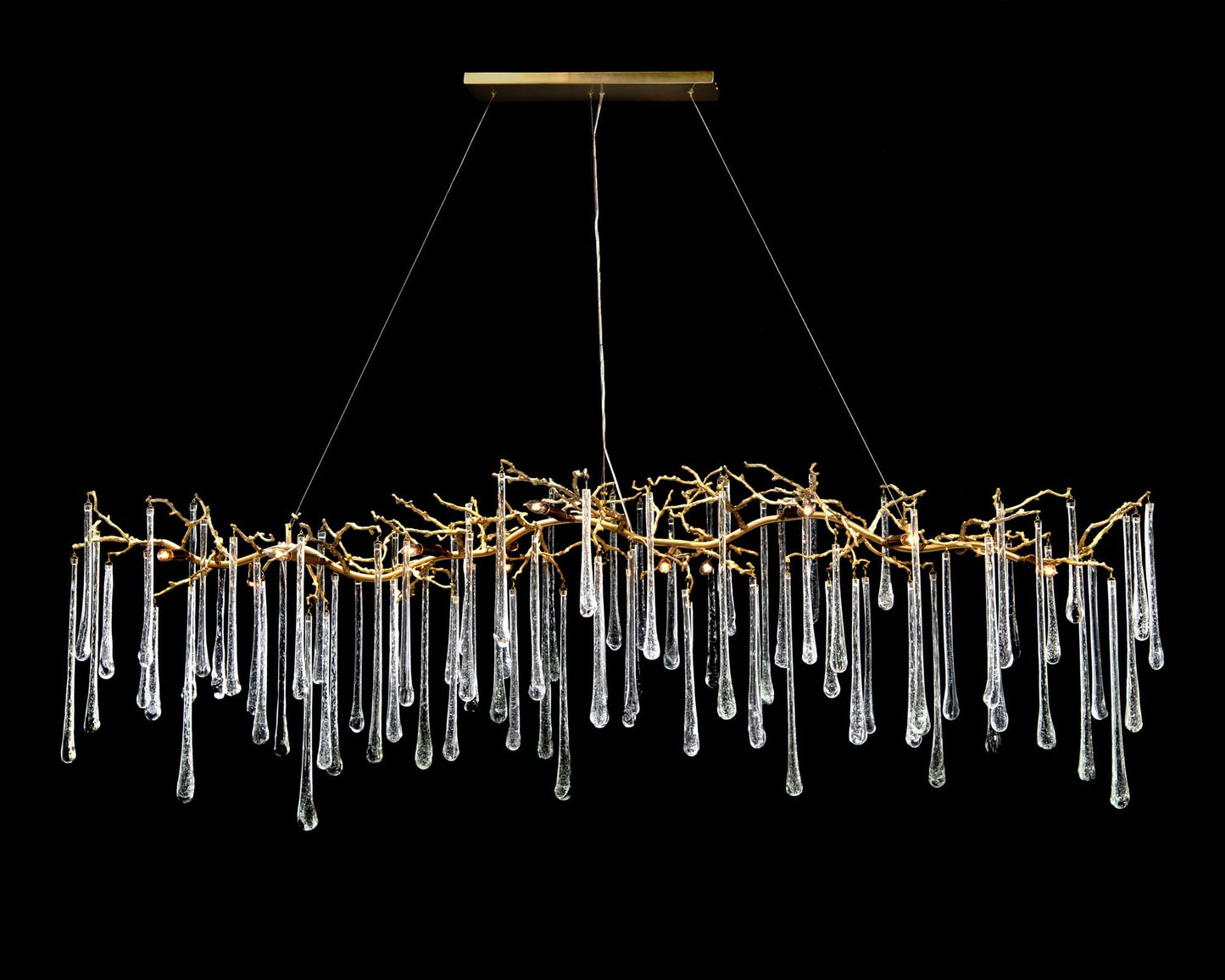 Brass and Glass Teardrop 84" Wide 14-Light Island Chandelier