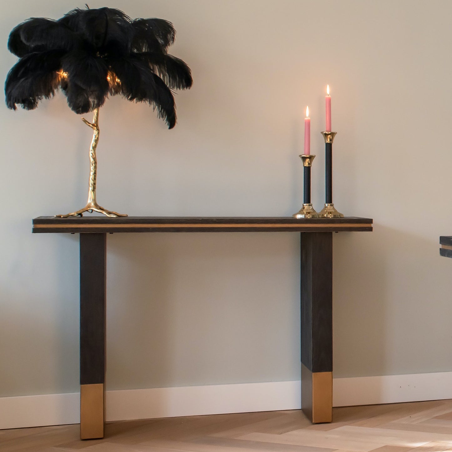 Brushed Gold Effect And Black Oak Console Table