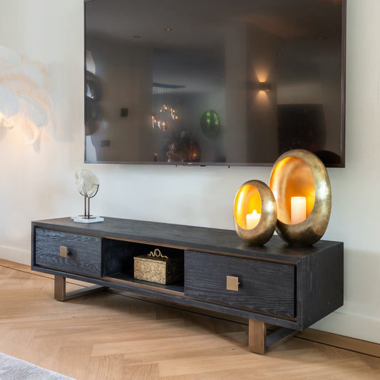 Brushed Gold Effect And Black Oak TV Unit