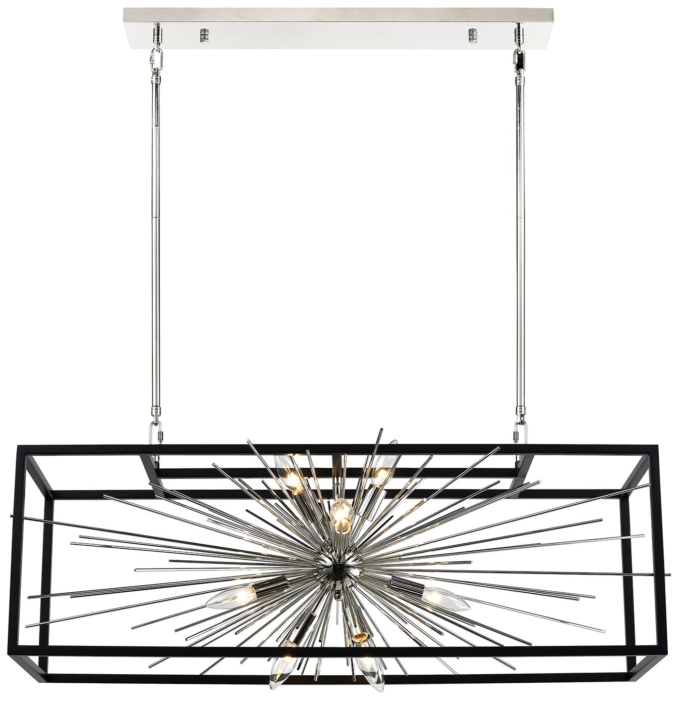 Burst 10-Light Modern Rectangular Sputnik Polished Nickel Chandelier