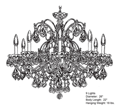 Century 22"H x 26"W 9-Light Crystal Chandelier in Heirloom Gold