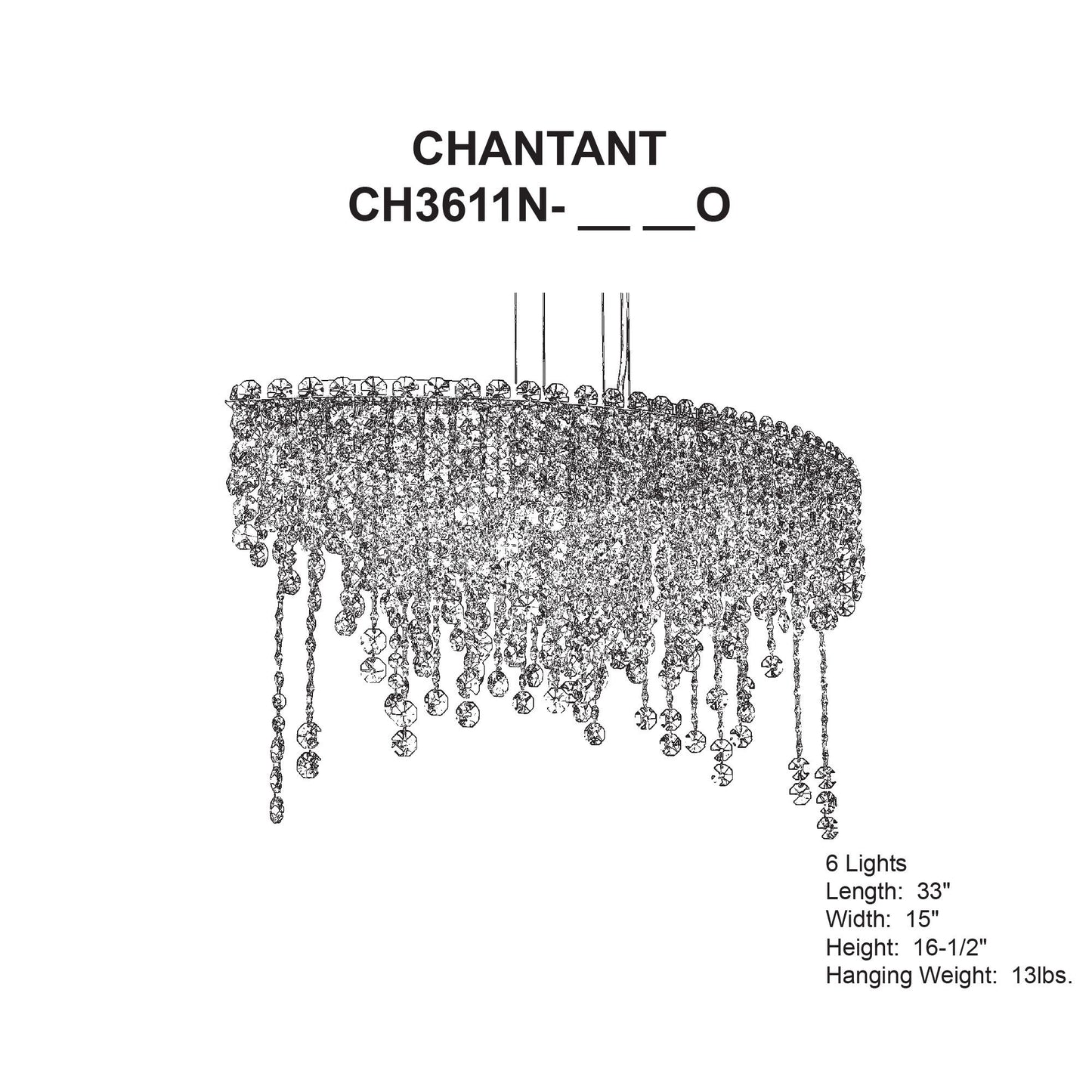 Chantant 16.5"H x 33"W 6-Lt Crystal Linear Pendant in Pol Stainle
