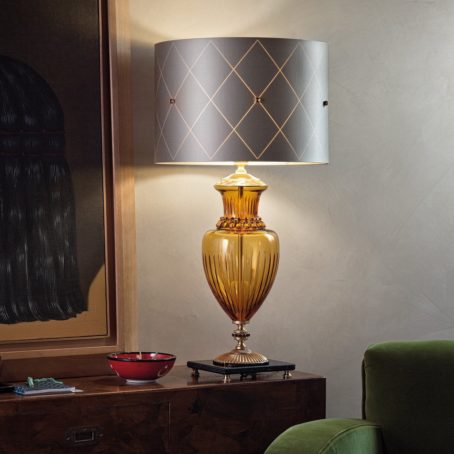 Classic Amber Glass Table Lamp With Amber Stones